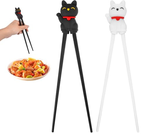 2 Pares Palillos Práctica,Training Chopstick Helpers para Principiantes | Palillos de Práctica con Diseño de Gato, palillos de Entrenamiento Reutilizables con Ayudantes