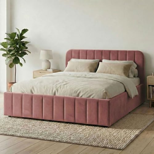Terre de Nuit Lit Coffre 140x190 Velours Vieux Rose avec tête de lit en Velours - Rose