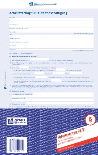 AVERY Zweckform 2878-5 Arbeitsvertrag für Teilzeitbeschäftigung (A4, 5 Sätze, 4-seitig, abgestimmt auf geringfügige Beschäftigung, von Rechtsexperten geprüft) 5 Stück, blau