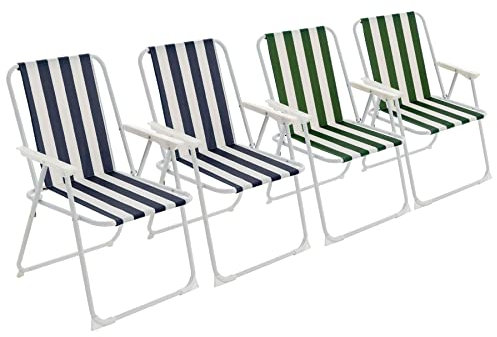 Harbour Housewares Folding Beach Deck Chairs - Blue/Green Stripe - Pack of 4 - Metal Outdoor Patio Seat Lightweight Portable Deck Chair for Picnic, Garden, Camping, Fishing