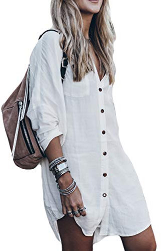 Bsubseach Long Sleeve Bikini Cover Up for Women Loose V Neck Swimwear Button Down Beach Shirt Tunic Dress White