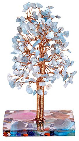 mookaitedecor Natürliche Ozean-Kyanit Crystal Money Tree Figur für Wohnkultur, handgemachte Kupfer gewickelt Fengshui-Baum mit Achat Harz Basis, Tisch Büro Dekoration für Reichtum Vermögen
