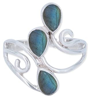 mantraroma Damen Ring 925 Silber Labradorit Edelstein blau ausgefallen verspielt
