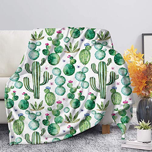 SEANATIVE Flanelldecke für Herbst, Winter, Frühling, alle Jahreszeiten, warm, flauschig, Microplüsch, leicht, Kaktus-Druck, weiße Decken, Größe 3XL