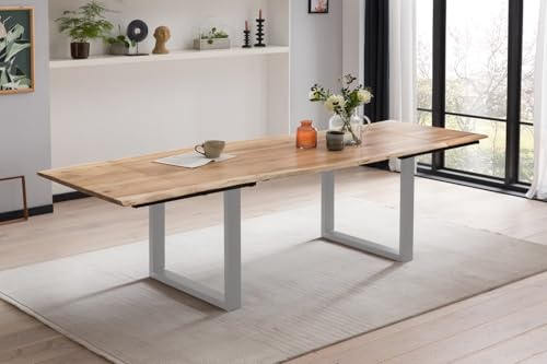 SAM Esstisch Adina 200(300) x100 cm Akazie Natur Baumkante U Silber | Baumkantentisch massiv, Akazienholz naturfarben, ausziehbar, 26 mm Tischplatte, mit 2 Ansteckplatten, Metallgestell