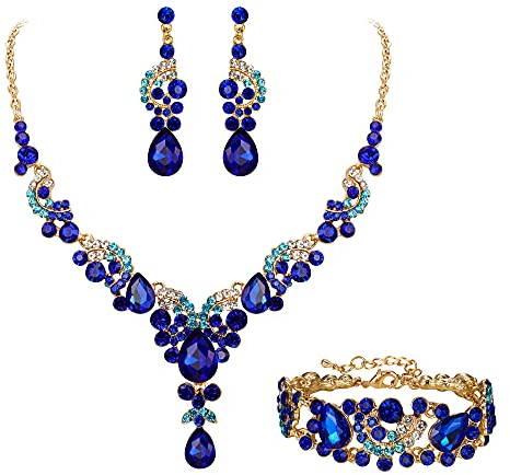 EVER FAITH Kristall Schmuckset Hochzeits Braut Art Deco Floral Teardrop Halskette Ohrringe und Armband Set Blauer Gold-Ton