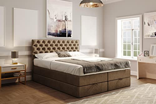 TRADA Boxspringbett LUWR mit Bettkasten, Chesterfield-Kopfteil, H3, 9 Komfortzonen (160 x 200 cm, GLOSSVELVET 1201 Hellbraun)