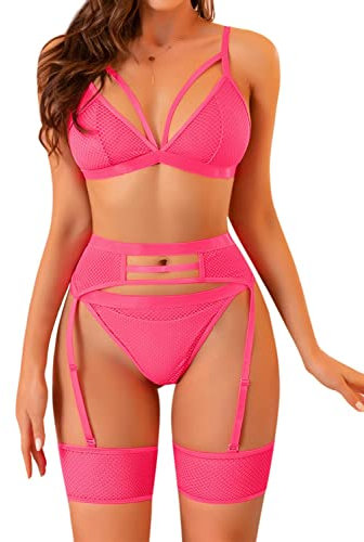 Dentelle Ensemble De Lingerie Sexy Femme - Saint Valentin Soutien-Gorge en Résille Et Culotte Taille Haute Transparente avec Cuisse Porte-Jarretelles Hot 3 Pièces Tenue(Pink,L,981w)