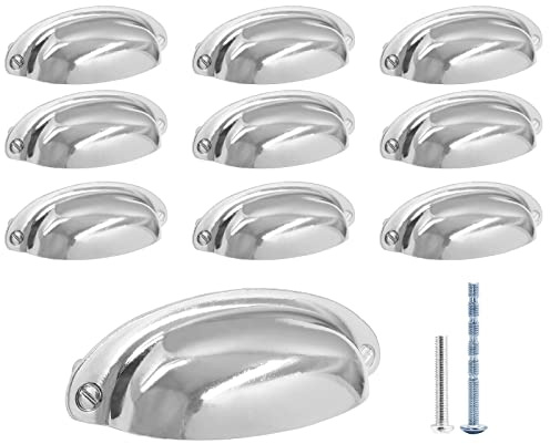 Auvotuis 10Pcs 3.5Inch Hole Spacing Cup Pull Handles, Vintage Farmhouse Style Flat Cabinet Cup Pulls for Drawer/Dresser Bin (Polished Chrome)