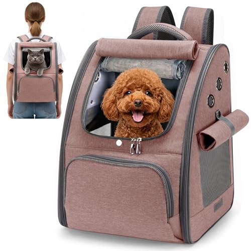 ALLSOPETS Katzenrucksack für Kleine Hunde, Hunderucksack, Rosabraun | Faltbarer Atmungsaktiver Rucksack mit Sonnenrollo, Komfortabler Transport für Katzen und Kleine Hunde, Ideal für Reisen
