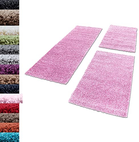 Carpettex Bettumrandung Schlafzimmer 3teilig Shaggy Teppich Hochflor Einfarbig Pink Bettset:2 mal 60x110 + 1 mal 80x150 - Bettvorleger Schlafzimmer Läuferset Weicher Flauschig Bettumrandung Teppich