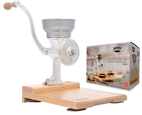 Corona Cast Iron Grain Mill with Wooden Table, Manual Grinder with Table For Corn, Rice, Lentils, Chickpeas, Cast Iron Grinder For Domestic Use