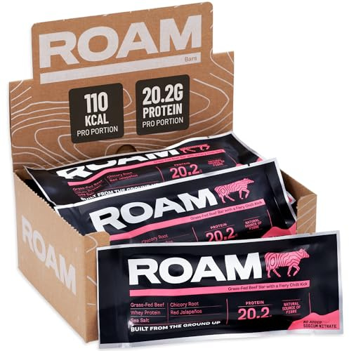 ROAM Natural Protein Bars, Meal Replacement Keto Bars, 12 x 45g Jerky-like Beef Bar & Healthy Snacks, Gluten Free Keto Sticks, High Protein Snacks (Jalapeño Chilli)