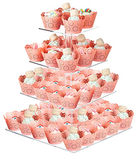 Tortenständer mit 4 Ebenen, Groß Quadrat Cupcake-Ständer aus Acryl 30,5 Zentimeter/ 12 Zoll, Transparenter Tortenstützen Dessert-Gebäckturm Muffinständer für Hochzeit, Geburtstag, Mottoparty
