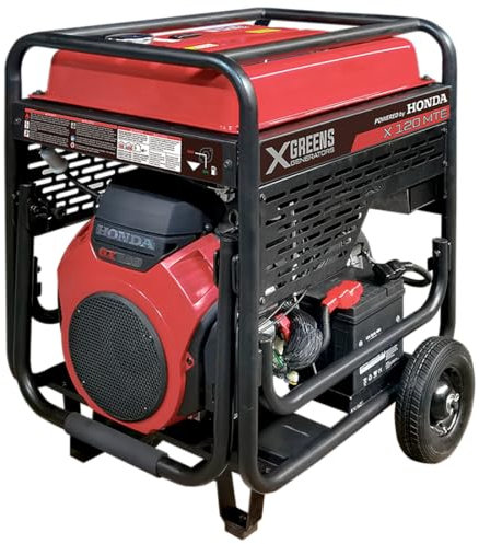 XGREENS Generador de corriente (gasolina) X120MTE (máx. 10 kW, depósito 45 l, AVR, Powered by Honda, eléctrico, ruedas, alerta aceite, trifásico, 3 tomas 230/400V, protección térmica y panel digital)