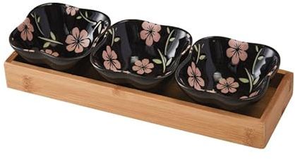 Keramik Servierschalen Set 3er Dip Schälchen mit Bambus Servierplatte, Ideal für Tapas, Antipasti, Sushi,Raclette oder Fondue (GB6004b)