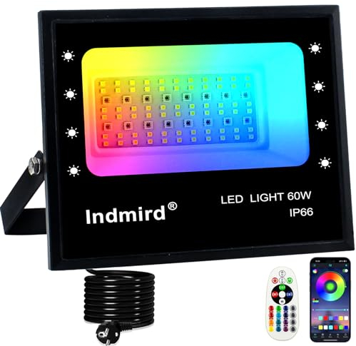 Indmird Foco LED RGB 60W Exterior Con Control Remoto IP66 Impermeable 16 Millones de Colores 28 Modos Proyector Para Jardín Patio Pasillo Garaje Terraza Navidad