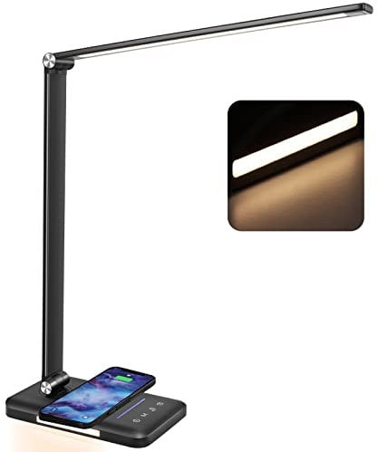 BIENSER LED Desk Lamp with Night Lighting, Fast Wireless Charger, USB Charging Port, 10 Brightness, 5 Color Modes, Dimmable Desk Lamps for Home Office, Touch Control, Auto Timer, 1200Lux Super Bright