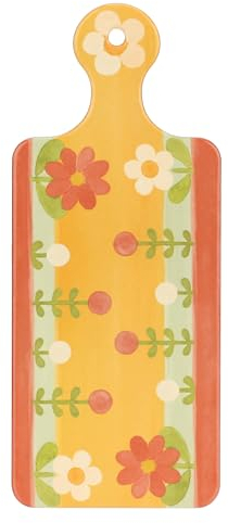 THUN, Tagliere in Ceramica Decorata a Mano con Motivi Floreali e Sughero, Linea Florianne, Idea Regalo, 12x29 cm