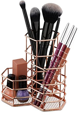 Relaxdays Brush Holder, 3 Compartments, Hexagon, H x W x D; 12.5 x 12 x 12.5 cm, Wire, Pen Holder, Organiser, Rosegold