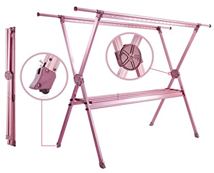 Tendederos Plegables Estria de secado de ropa de aleación de aluminio de 2 capas, estante de secado de ropa plegable de color piso, con 4 ruedas ocultas Tendedero/Tendedero de Ropa ( Color : Roze )
