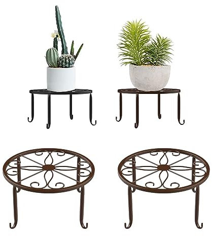 EHOTER Metal Potted Plant Stands 2 Pack Round Supports Rack for Planter Heavy Duty Cast Iron Plant Holder Rustproof Iron Garden Container for Indoor Outdoor Garden Patio (Bronze)