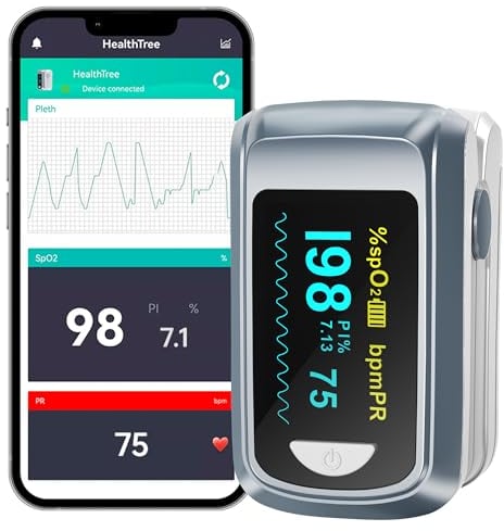 HealthTree Pulsossimetro Bluetooth da dito, monitor della saturazione di ossigeno nel sangue e monitor della frequenza cardiaca per Apple e Android, con schermo OLED incluso, 2 batterie AAA e cordino