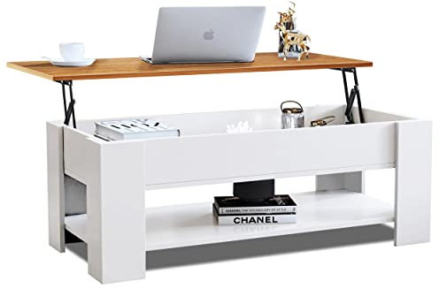 Coffee Table with Storage, Lift Up Coffee Table for Living Room, Wooden Coffee Tables with 1 Shelf Large Hidden Storage Rectangular Lift-Top Sofa End Tea Table, White+Pine, 120x60x(49.5-62.5) H cm
