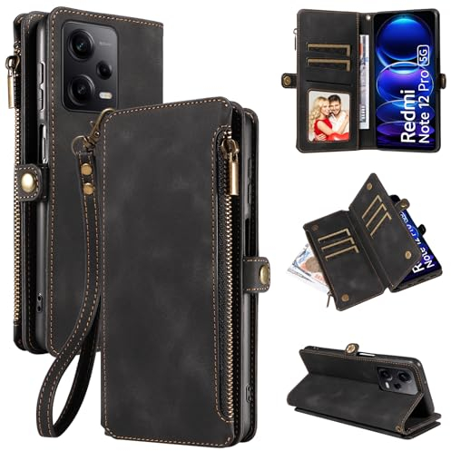Dtdepth Handyhülle für Xiaomi Redmi Note 12 Pro 5G Hülle mit Kartenfach Geldbörse Magnetverschluss Schutzhülle Klapphülle Ständer Handytasche Leder Tasche Wallet Flip Case Cover - Schwarz