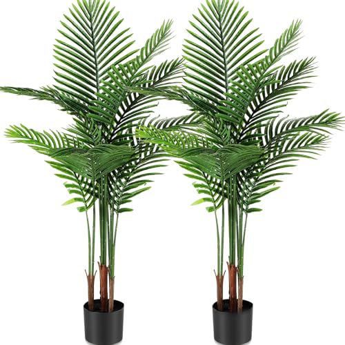 Jexine 2 Pack Artificial Areca Palm Plant Fake Palm Tree, Faux Plant for Home Decor Indoor Outdoor Faux Areca Palm Tree in Pot for Home Office Housewarming Gift Modern Decoration (4 Feet)