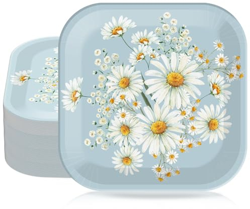 Whaline 40Pcs Daisy Flower Paper Plates Blue White Flower Disposable Party Dinner Plates 9 Inch Farmhouse Floral Tableware for Spring Summer Wedding Birthday Bridal Baby Shower Supplies