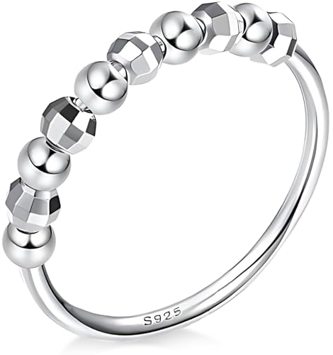 Spinner Bead Ringe Anxiety Ring 925 Sterling Silber Fidget Ring mit gefrosteten Perlen Angstringe für Angst Zappeln Stapelring für Angst Stressband Ring Angstringe,B (49(15.7))