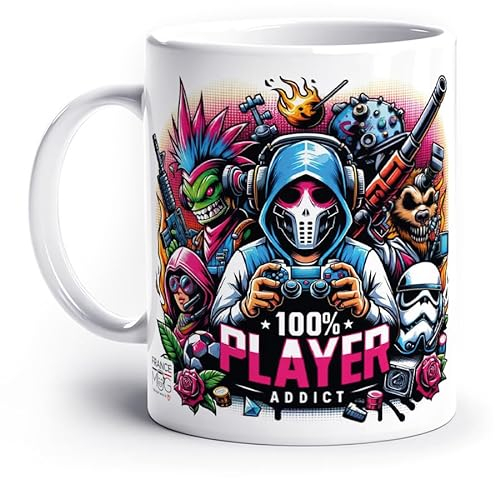 France Mug - '100% Player Addict' - Café Thé Idée Cadeau Original Anniversaire Humour Jeux-Vidéo Geek Gaming Ami Collègue Famille