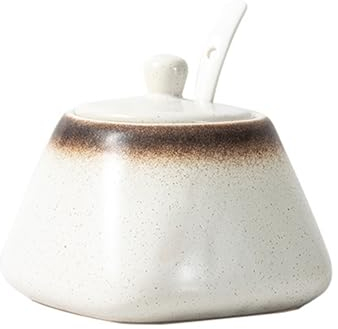 Ceramic Sugar Bowl, 430ml Sugar Pot with Lid and Spoon, Spice Jar for Salt, Sugar, Coffee, Tea, Condiment Containers Seasoning Box for Home Kitchen Coffee Bar - Off White