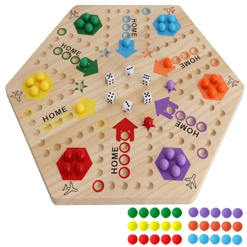 Original Marble Game Wahoo Neues Ludo-Spiel, 37,5 cm großes Massivholz-Doppelseitiges Spielbrett für 6 und 4 Spieler, liefert 24 Spielkugeln,6 Würfel und eine Anleitung –