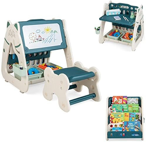 FANTASK 3 in 1 Kinder Bücherregal & Tafel & Sitzgruppe, inkl. Hocker und Malzubehör
