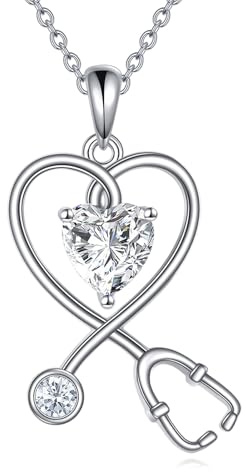 AINFQY Krankenschwester Kette für Damen 925 Sterling Silber Stethoskop Haslkette Herz Geburtsstein Anhänger Schmuck Geschenke (April birthstone)
