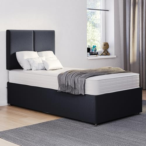 ComfoRest Modern 3FT Single Divan Bed with Deux Headboard - Black | British-made sturdy frame | 91.5 x 190.5cm | functional base for small bedrooms | full set included for daily use