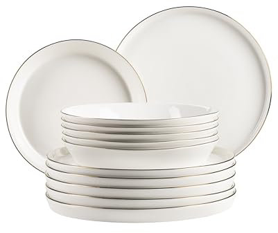 MÄSER, Serie Sita, Teller Set für 6 Personen, Essgeschirr aus weißem Porzellan mit Goldrand, schlicht, elegant, Porzellan, weiß
