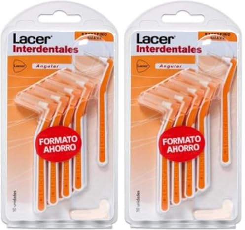 LACER INTERPROXIMAL Cepillo Interdental Angular Extrafino Suave 10 Unidades, Mango Angulado, Máxima Eficacia, Filamentos Tynex, Cerdas Extrafinas, Previene y Elimina la Placa Bacteriana (Paquete de 2)