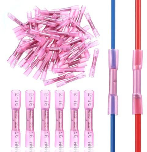 160 Schrumpfverbinder, Stoßverbinder mit Schrumpfschlauch, Quetschverbinder Set, 22-16AWG Kabelverbinder Isolierte Wasserdichte Stossverbinder Set für 0.5-1.5 mm² Kabel KFZ Crimpverbinder Set, Rosa