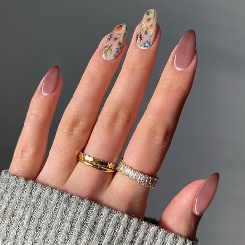 24PCS Short Almond Press On Nails with Autumn Flower Design, Glossy Fake Nails with Full Adhesive, Easy to Apply Stick On Nail Set for Women