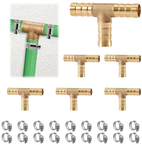 ASOFTY 6 Stück T - Schlauchverbinder, T Förmige Messing Schlauchtülle mit 18 Schellen, T Messing Verbindungsstück, Schlauchverschraubung, Messing Verbindungsschlauch (10MM)