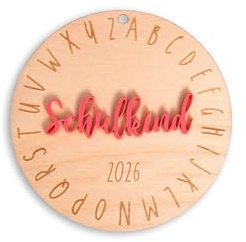 vonMia Anhänger Schultüte Schulkind 2026 aus Holz, runder Holzanhänger mit himbeerfarbenem 3D-Schriftzug & Alphabet-Gravur, Deko für Zuckertüte & Einschulung