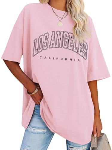 Dresswel T-shirt surdimensionné pour femme Los Angeles California Lettre Imprimé Vintage T-shirt à manches courtes Col rond Été Haut ample Chemisier long Tunique pour adolescentes et filles, 2A - Rose
