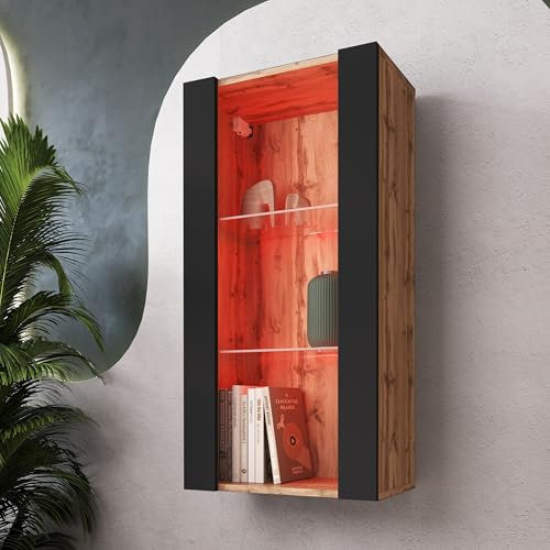 Komodee, Hängende Vitrine Schrank Tivoli, Schwarz/Wotan, Breite 50cm x Höhe 100cm 50cm x Tiefe 29cm, LED RGB, 2 Regalböden, für Wohnzimmer, Schlafzimmer, Eingang