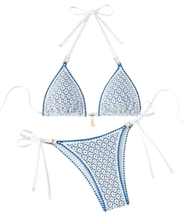 GORGLITTER Damen Bikini Set Triangel Bikinis Neckholder Swimsuit Zweiteiliger Badeanzug Hohe Taille Bikinislip Boho Schwimmanzug Strandmode Bademode Blau M
