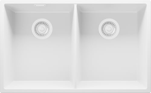 PRIMAGRAN Spülbecken Alles Weiß 76x47cm, Granitspüle 2 Becken + Ablauf-Set, Küchenspüle ab 80er Unterschrank - London Twin Slim S008