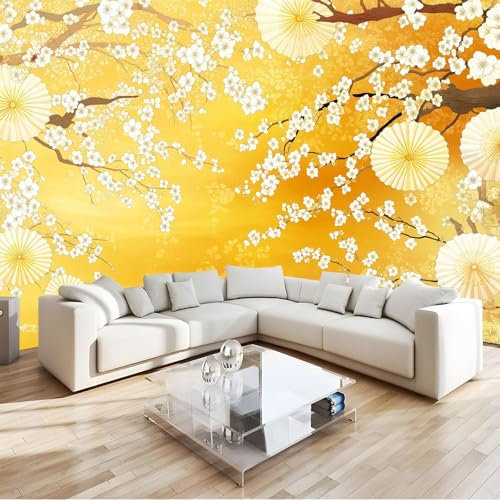 Panoramic Wallpaper Oriental Retro Floral 3D Effect Photo Wallpaper, Yellow Mural Panoramic Wall Tapestry, Large Photo Mural W250 X H175 Cm for Bedroom Living Room Office Decoration