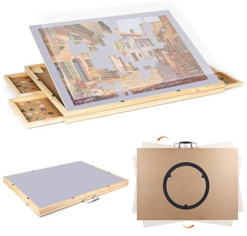 Ruication Jigsaw Puzzle Board Portable Folding Tilting Jigsaw Board With Cover 360 Degree Rotating Non-Slip Surface Felt Mat for 1000 pieces 4 Sliding Drawers Storage Jigsaw Table For Adults Kids Gift
